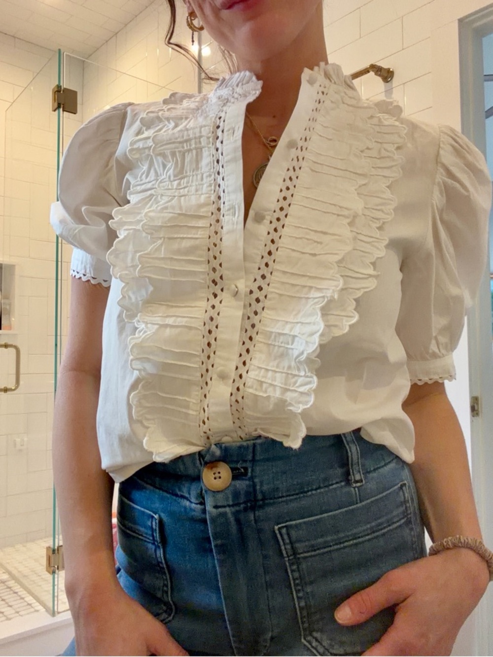 Kourt White Ruffle Front Blouse Puff Sleeve Cottagecore Romantic Top small nwot